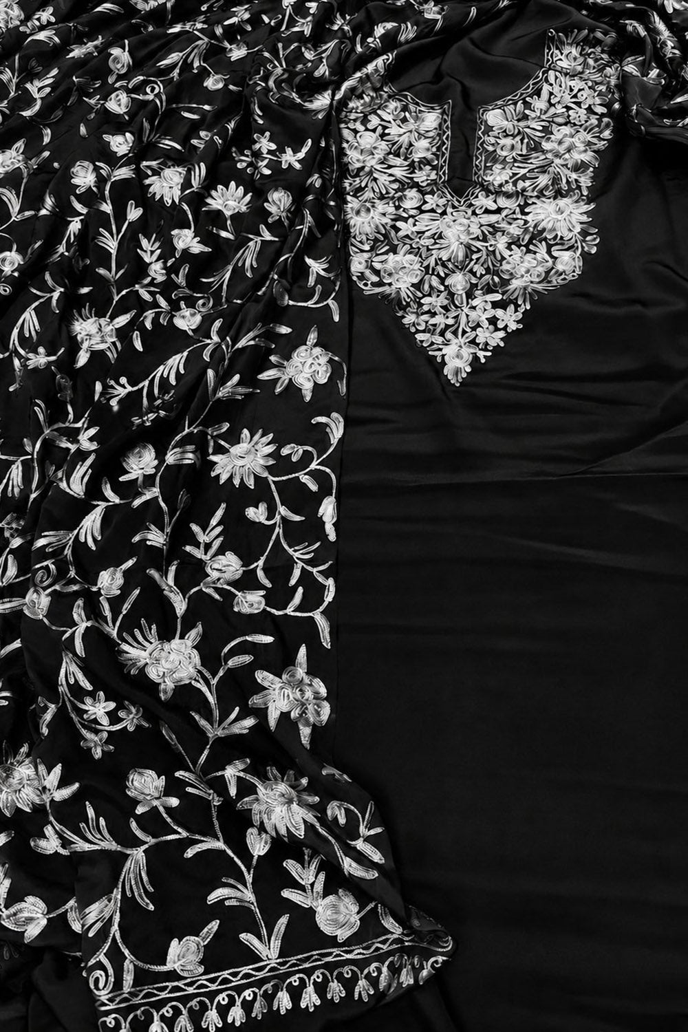 Black And White Kashmiri Aari Work Crepe Three Piece Unstitched Suit Set