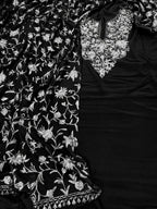Black And White Kashmiri Aari Work Crepe Three Piece Unstitched Suit Set