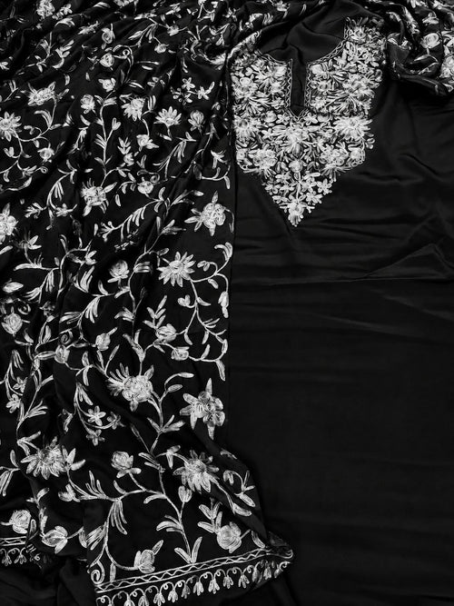 Black And White Kashmiri Aari Work Crepe Three Piece Unstitched Suit Set