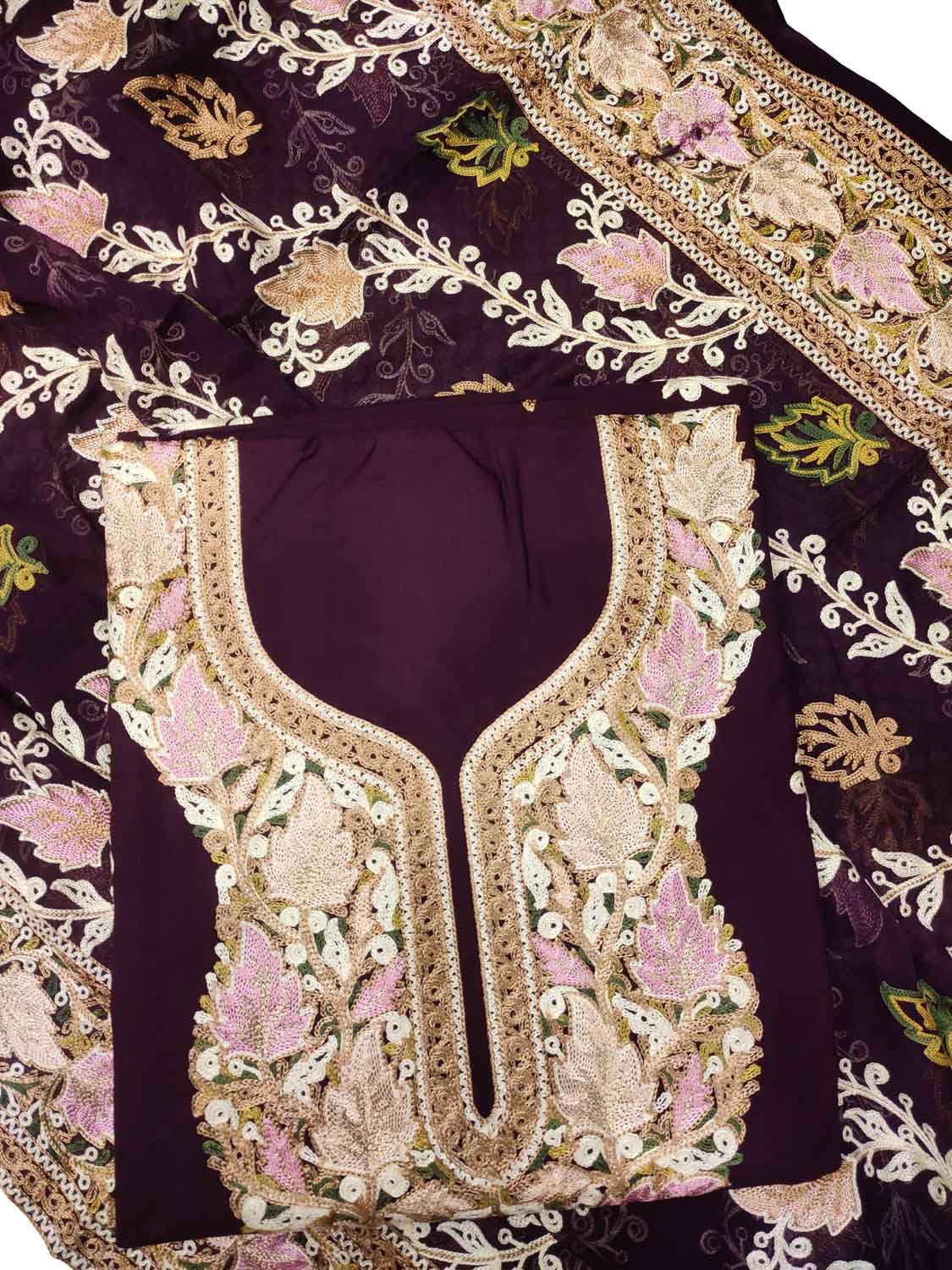 Elegant Purple Kashmiri Aari Work Cotton Suit Set - Luxurion World
