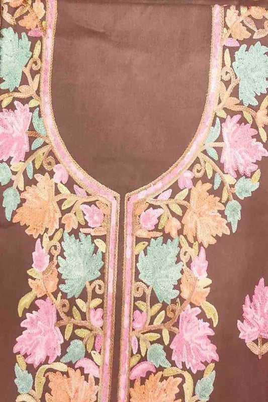 Brown Kashmiri Aari Work Cotton Suit Set With Georgette Dupatta - Luxurion World