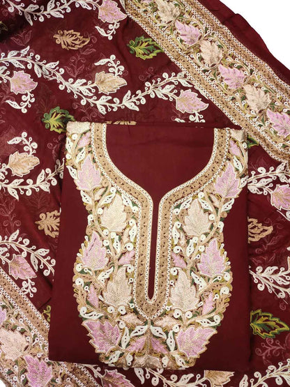 Elegant Red Kashmiri Aari Work Cotton Suit Set - Luxurion World