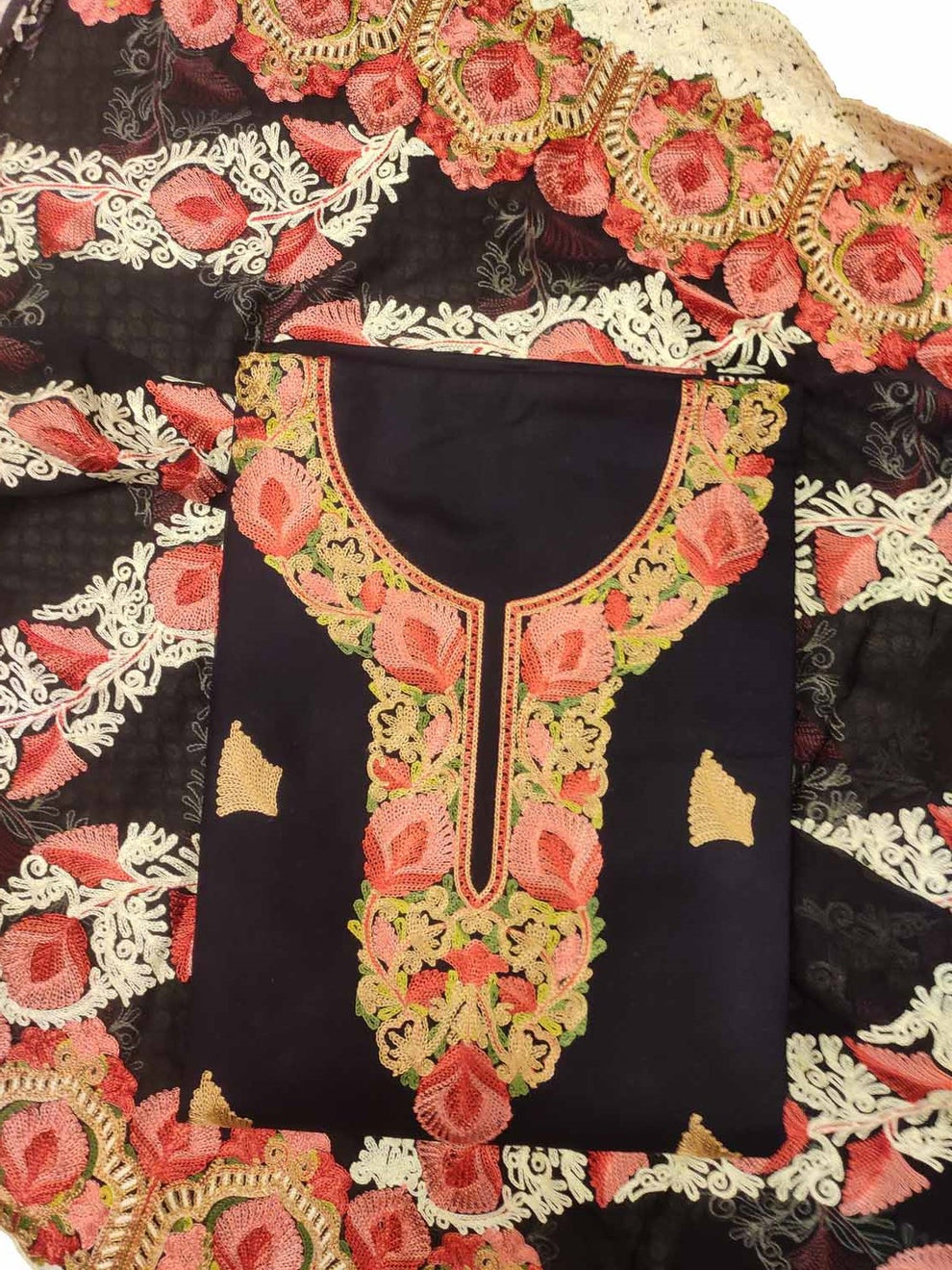 Gulnar – Kashmiri Inspired Aari Work Unstitched 3-Piece Suit Set (NAVY BLUE)