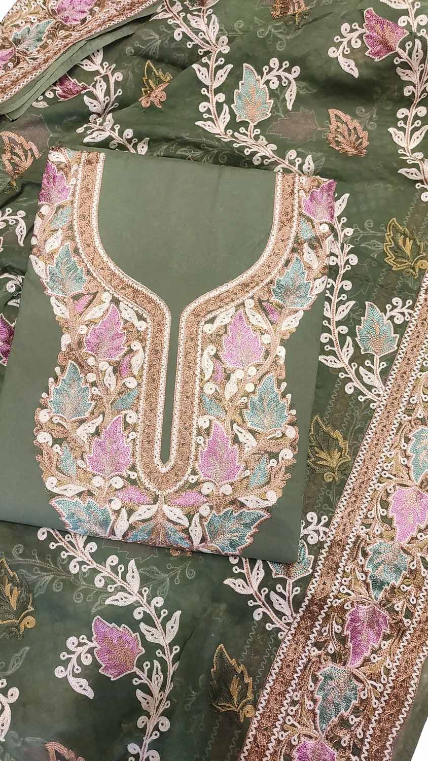 Elegant Green Kashmiri Aari Work Cotton Suit Set - Luxurion World