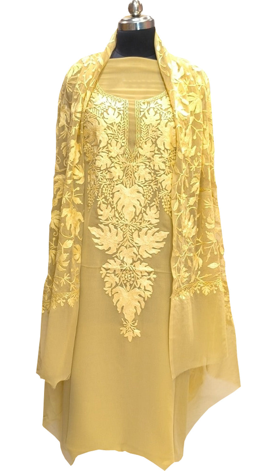 Yellow Kashmiri Aari Work Georgette Three Piece Unstitched Suit Set - Luxurion World