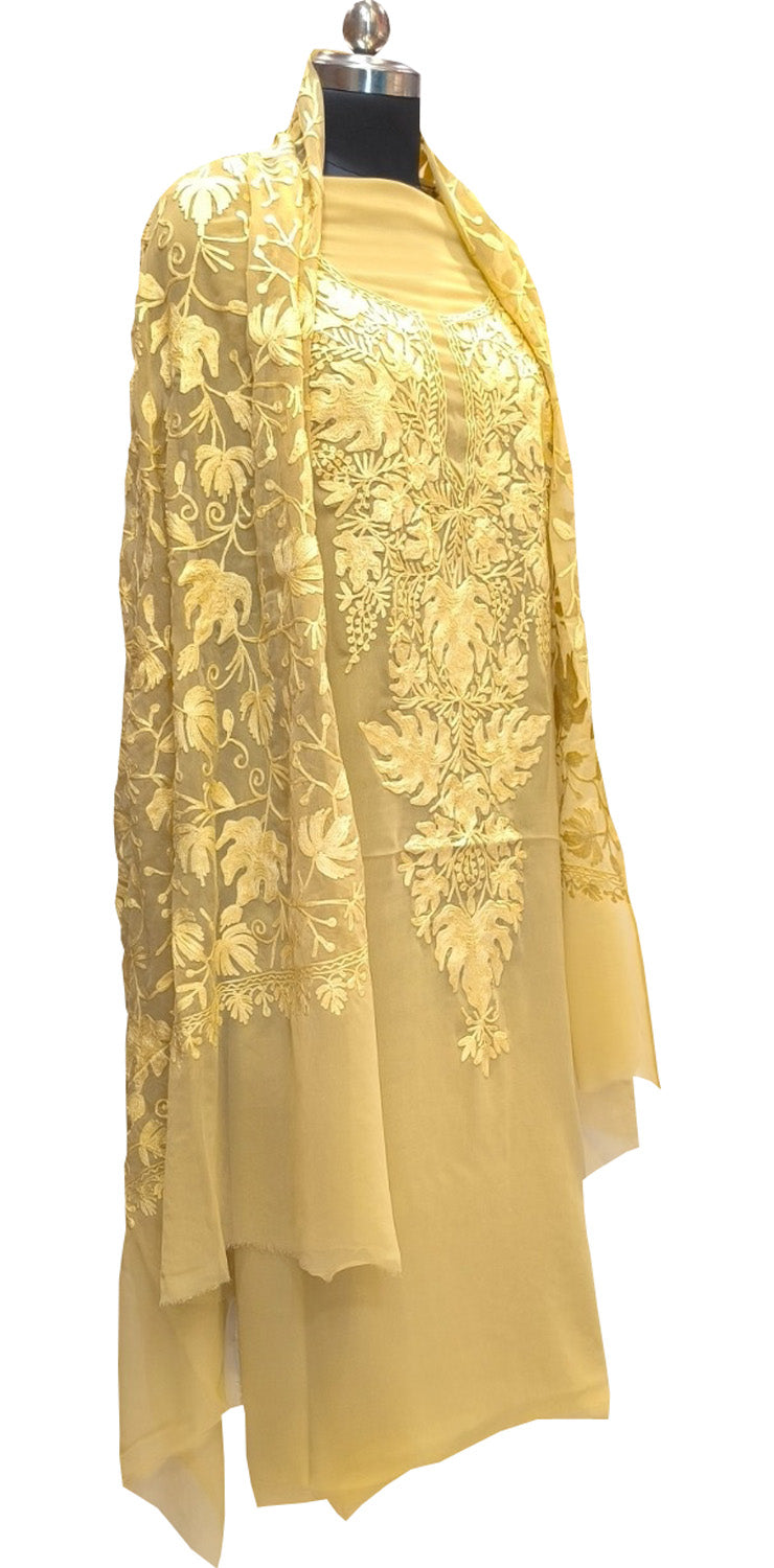 Yellow Kashmiri Aari Work Georgette Three Piece Unstitched Suit Set - Luxurion World