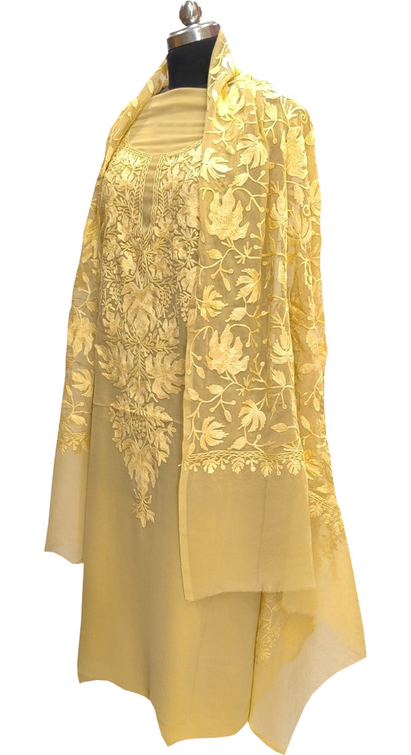 Yellow Kashmiri Aari Work Georgette Three Piece Unstitched Suit Set - Luxurion World