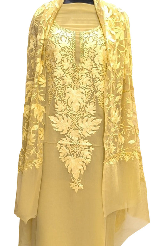 Yellow Kashmiri Aari Work Georgette Three Piece Unstitched Suit Set - Luxurion World