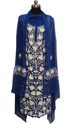 Elegant Blue Kashmiri Aari Work Georgette Three Piece Unstitched Suit Set - Luxurion World