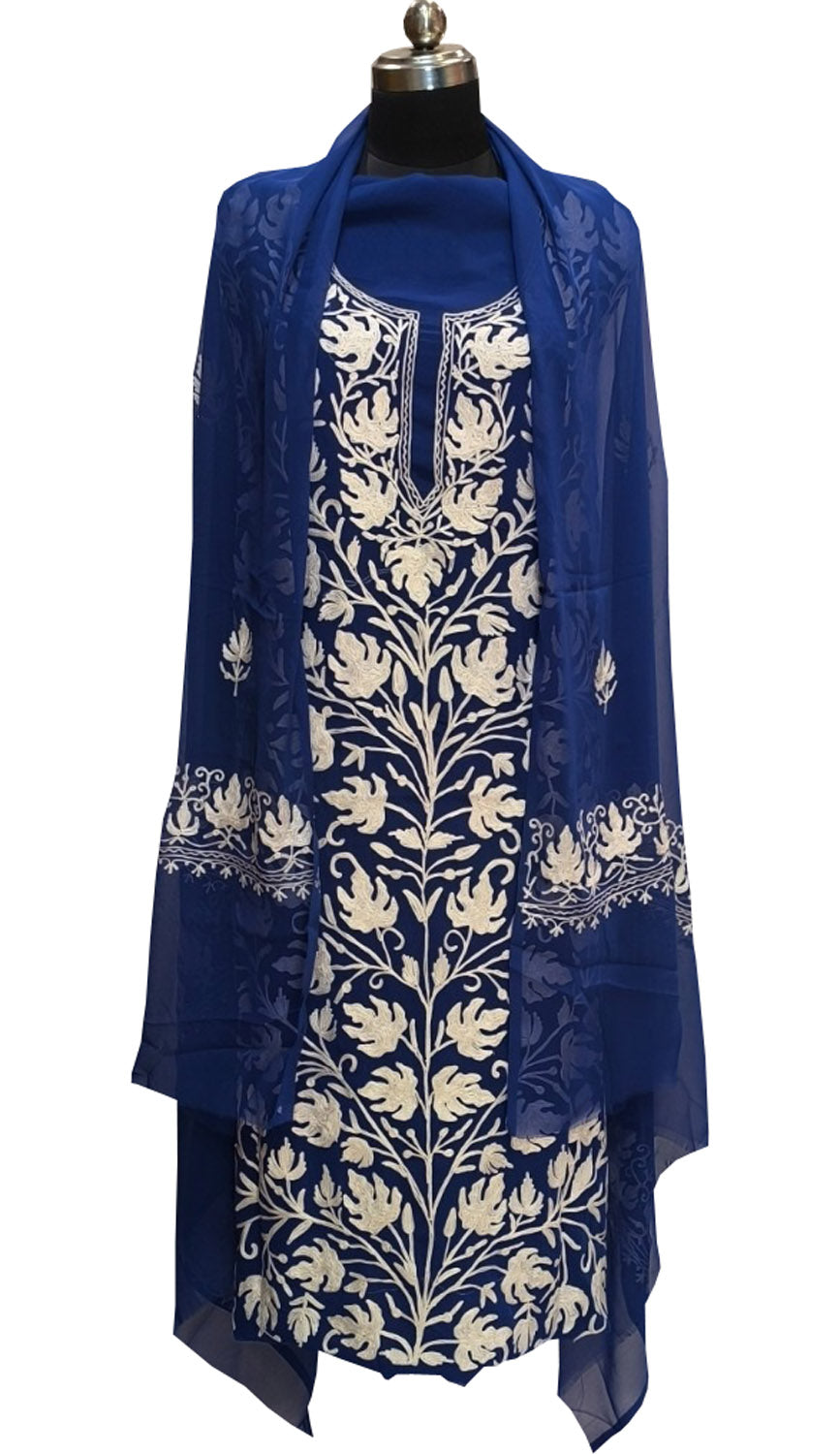 Elegant Blue Kashmiri Aari Work Georgette Three Piece Unstitched Suit Set - Luxurion World