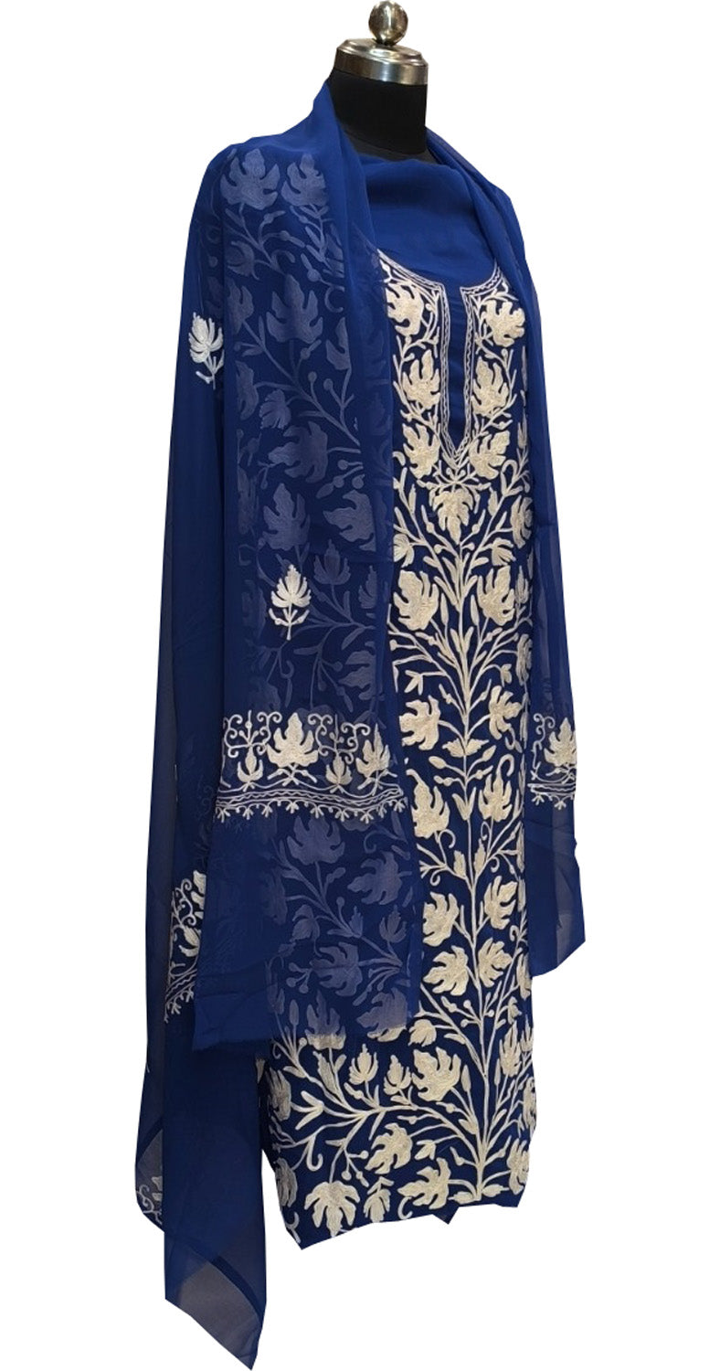 Elegant Blue Kashmiri Aari Work Georgette Three Piece Unstitched Suit Set - Luxurion World