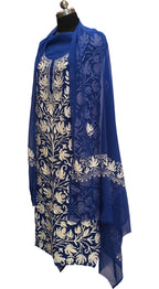 Elegant Blue Kashmiri Aari Work Georgette Three Piece Unstitched Suit Set - Luxurion World