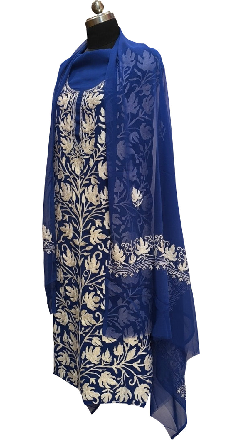 Elegant Blue Kashmiri Aari Work Georgette Three Piece Unstitched Suit Set - Luxurion World
