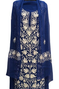 Elegant Blue Kashmiri Aari Work Georgette Three Piece Unstitched Suit Set - Luxurion World