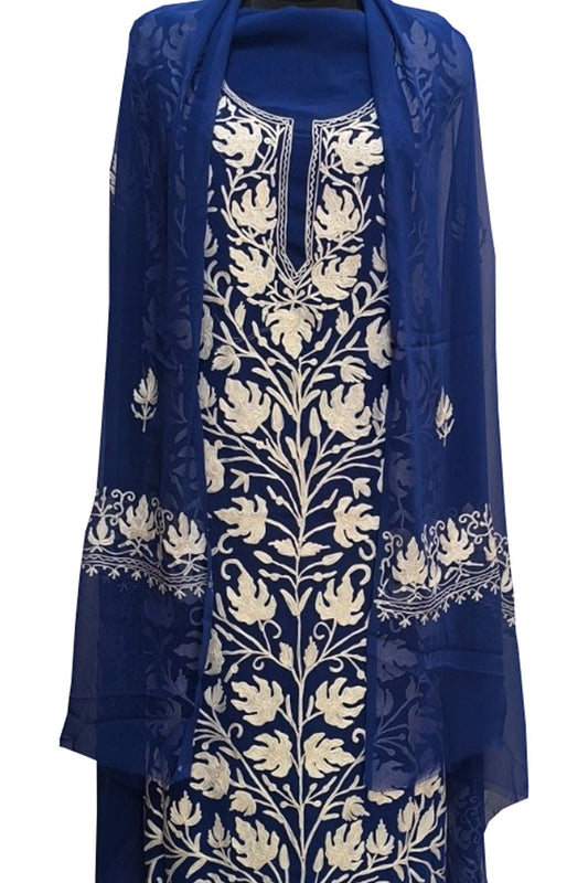 Elegant Blue Kashmiri Aari Work Georgette Three Piece Unstitched Suit Set - Luxurion World