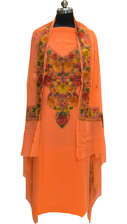 Elegant Orange Kashmiri Aari Work Georgette Three Piece Unstitched Suit Set - Luxurion World