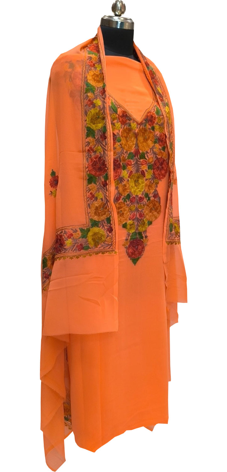 Elegant Orange Kashmiri Aari Work Georgette Three Piece Unstitched Suit Set - Luxurion World