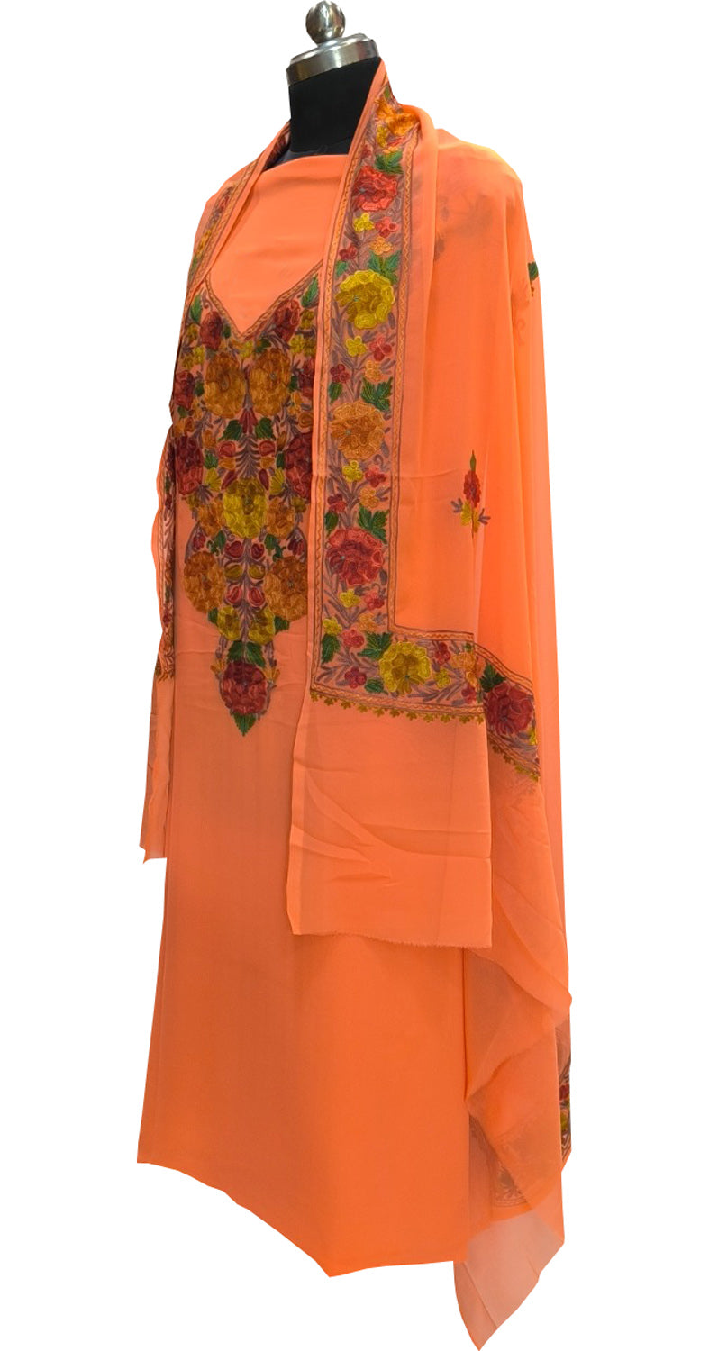 Elegant Orange Kashmiri Aari Work Georgette Three Piece Unstitched Suit Set - Luxurion World