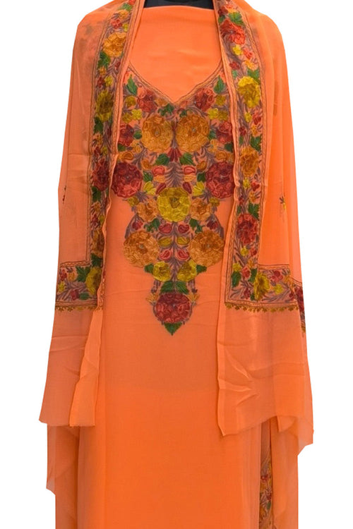 Elegant Orange Kashmiri Aari Work Georgette Three Piece Unstitched Suit Set - Luxurion World
