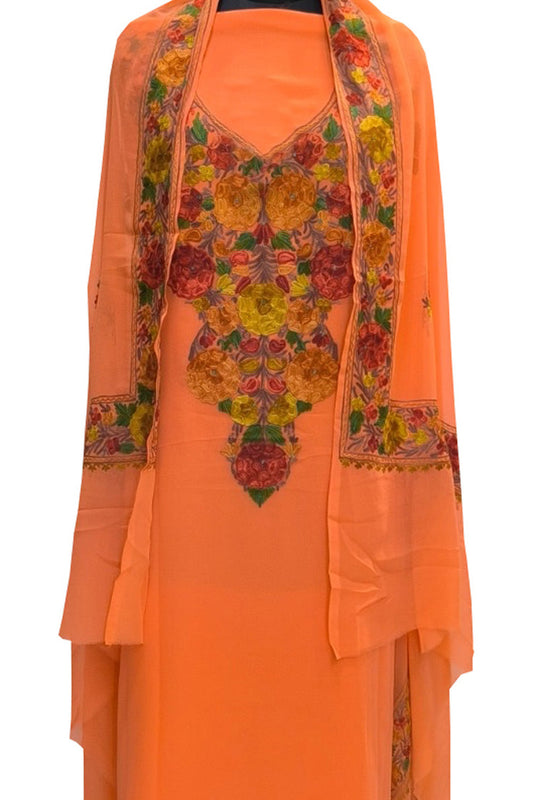 Elegant Orange Kashmiri Aari Work Georgette Three Piece Unstitched Suit Set - Luxurion World
