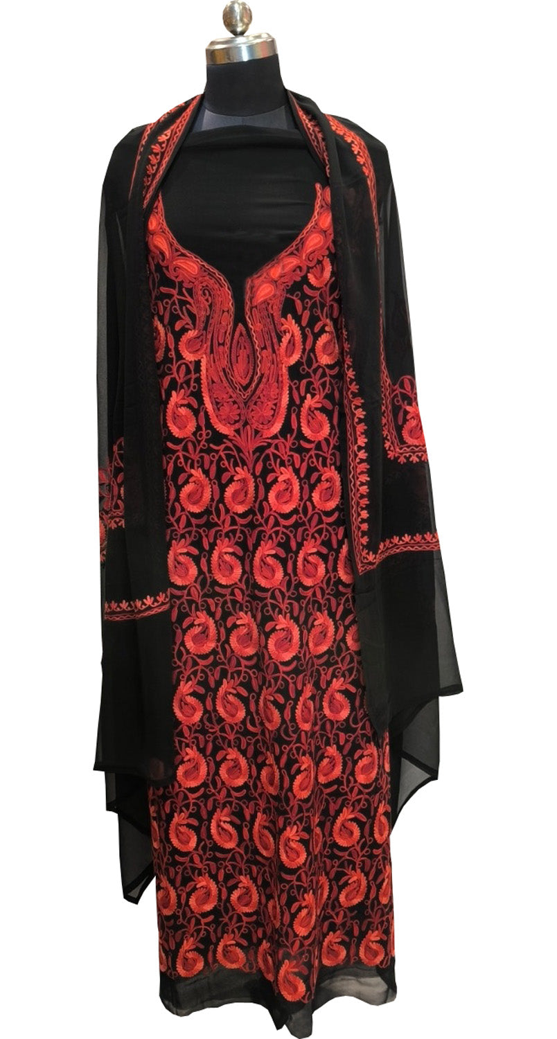 Elegant Black Kashmiri Aari Work Georgette Three Piece Unstitched Suit Set - Luxurion World