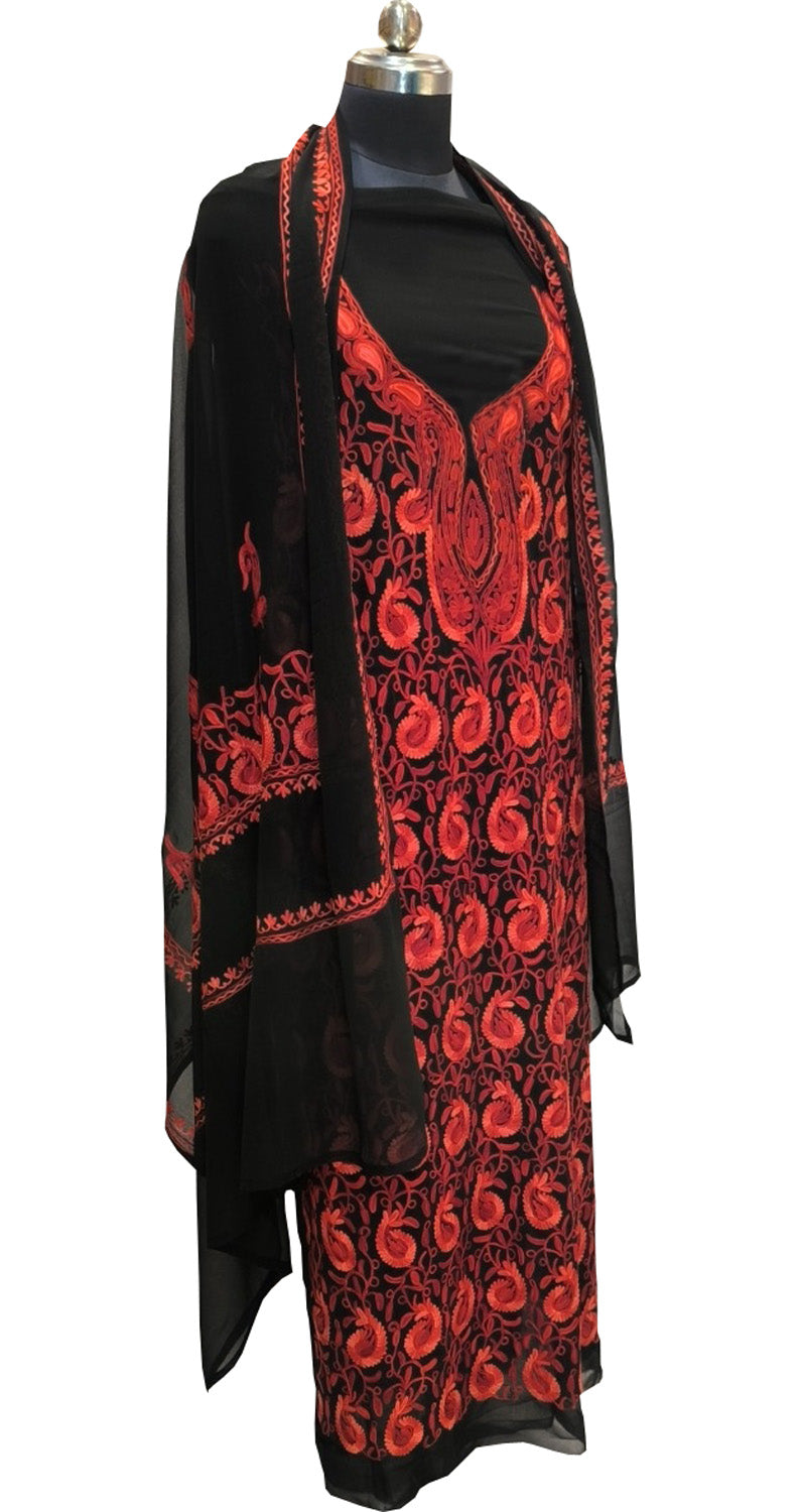 Elegant Black Kashmiri Aari Work Georgette Three Piece Unstitched Suit Set - Luxurion World