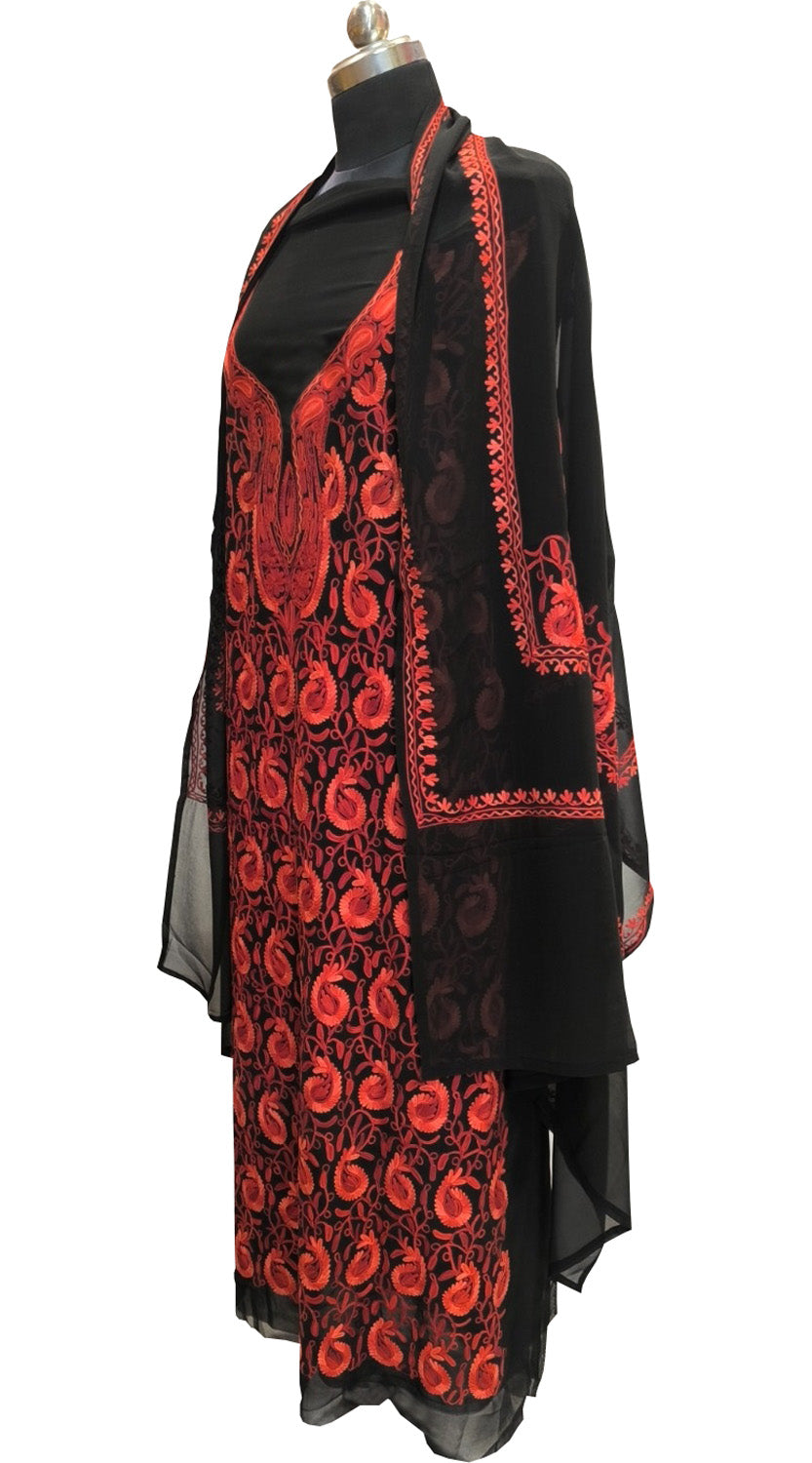 Elegant Black Kashmiri Aari Work Georgette Three Piece Unstitched Suit Set - Luxurion World