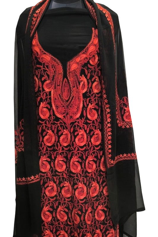 Elegant Black Kashmiri Aari Work Georgette Three Piece Unstitched Suit Set - Luxurion World