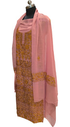 Elegant Pink Kashmiri Aari Work Georgette Three Piece Unstitched Suit Set - Luxurion World