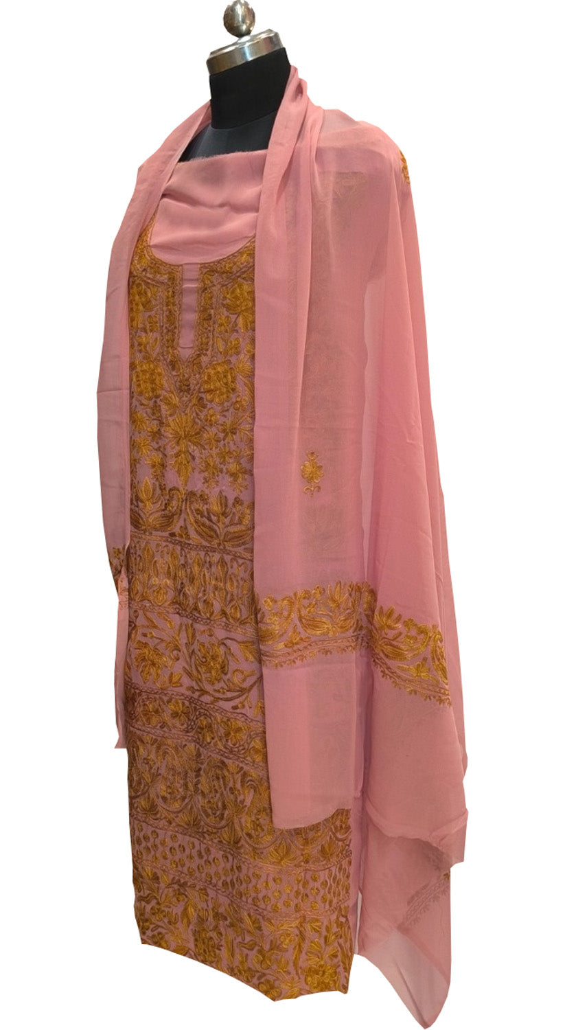 Elegant Pink Kashmiri Aari Work Georgette Three Piece Unstitched Suit Set - Luxurion World