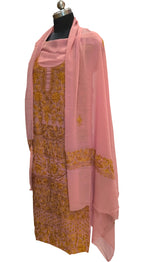 Elegant Pink Kashmiri Aari Work Georgette Three Piece Unstitched Suit Set - Luxurion World