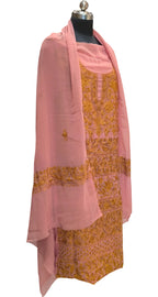 Elegant Pink Kashmiri Aari Work Georgette Three Piece Unstitched Suit Set - Luxurion World
