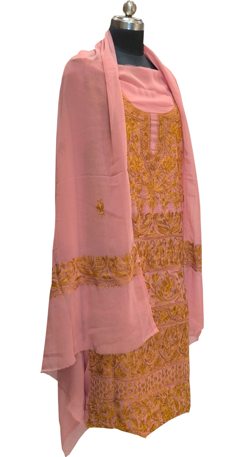 Elegant Pink Kashmiri Aari Work Georgette Three Piece Unstitched Suit Set - Luxurion World