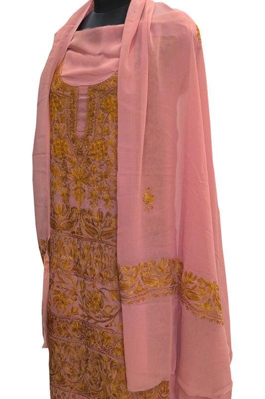 Elegant Pink Kashmiri Aari Work Georgette Three Piece Unstitched Suit Set - Luxurion World