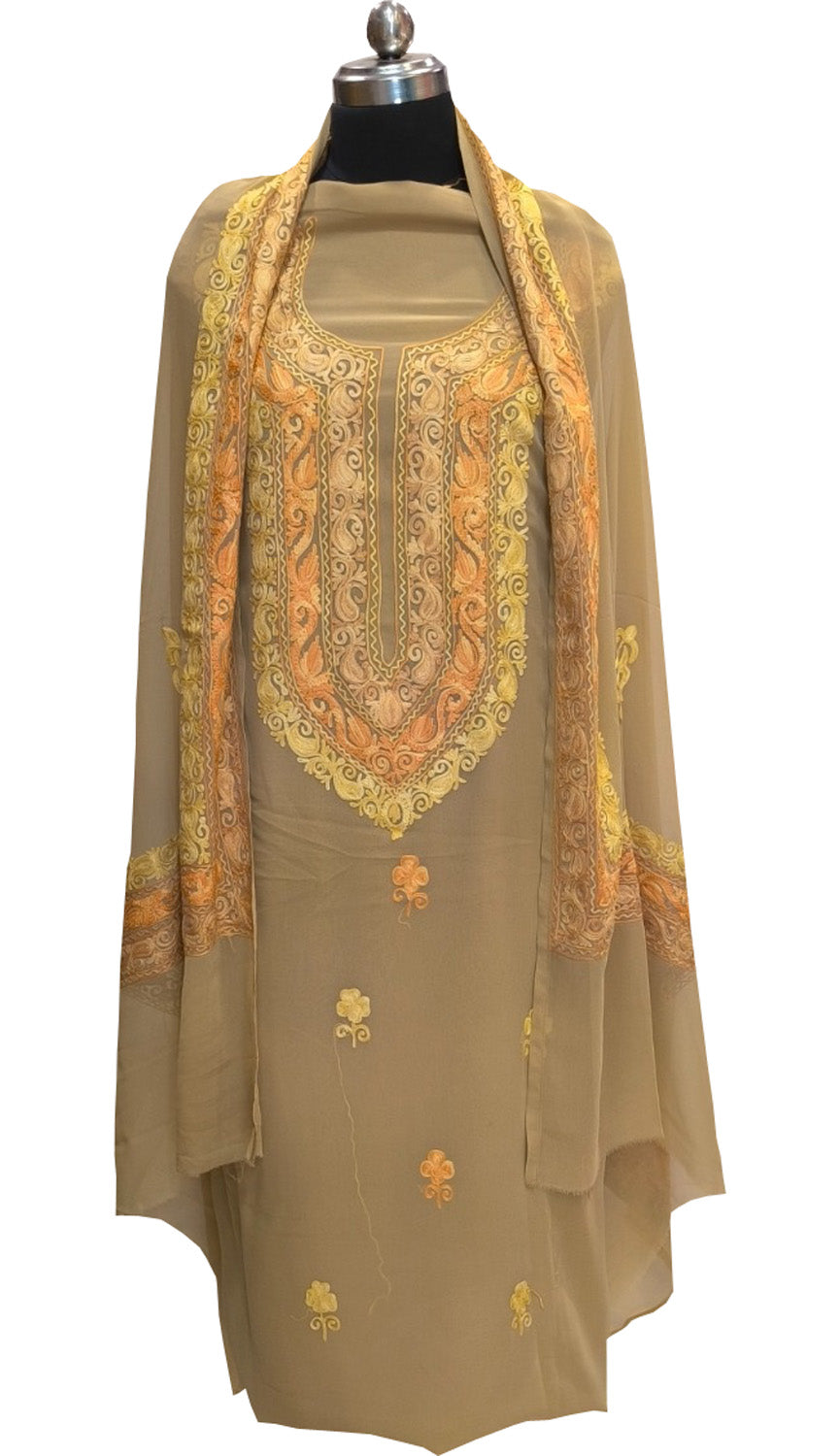 Pastel Kashmiri Aari Work Georgette Three Piece Unstitched Suit Set - Luxurion World