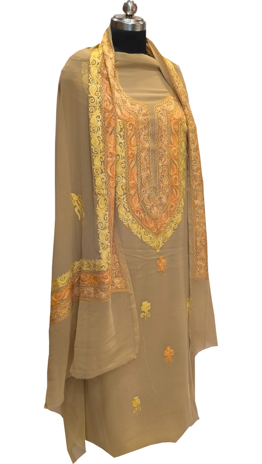 Pastel Kashmiri Aari Work Georgette Three Piece Unstitched Suit Set - Luxurion World