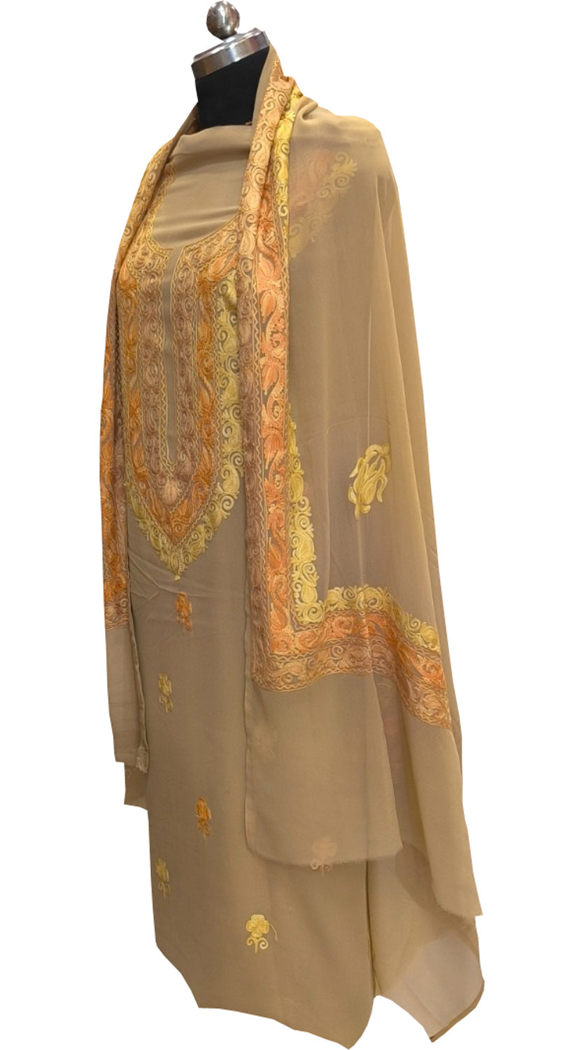 Pastel Kashmiri Aari Work Georgette Three Piece Unstitched Suit Set - Luxurion World