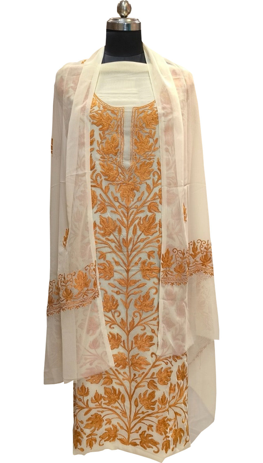 Elegant Off White Kashmiri Aari Work Georgette Three Piece Unstitched Suit Set - Luxurion World
