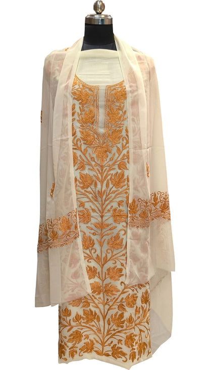 Elegant Off White Kashmiri Aari Work Georgette Three Piece Unstitched Suit Set - Luxurion World