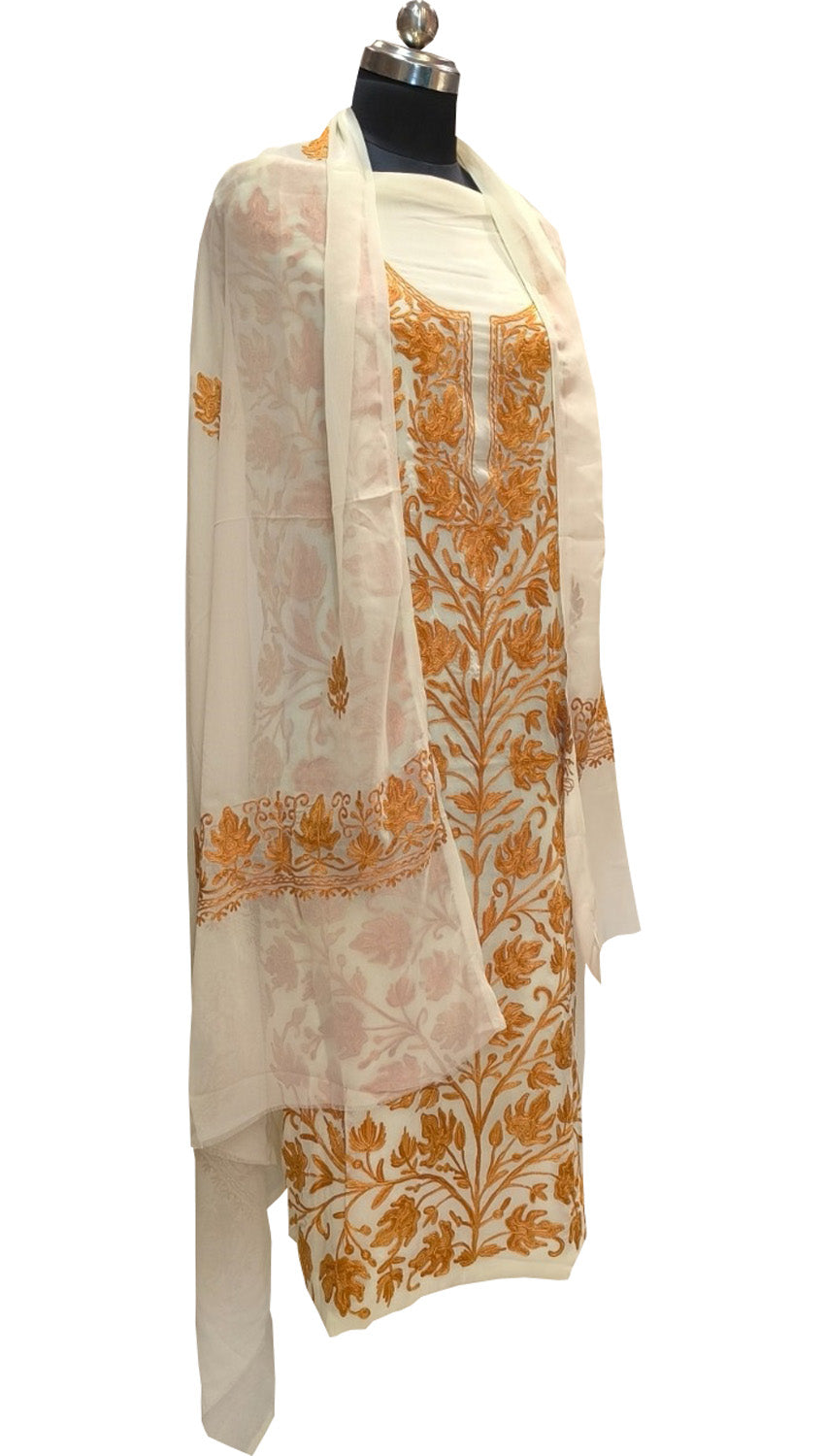 Elegant Off White Kashmiri Aari Work Georgette Three Piece Unstitched Suit Set - Luxurion World