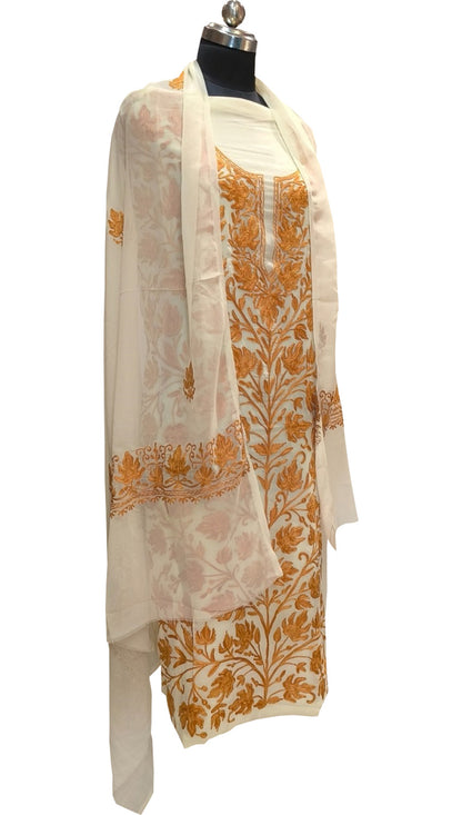 Elegant Off White Kashmiri Aari Work Georgette Three Piece Unstitched Suit Set - Luxurion World