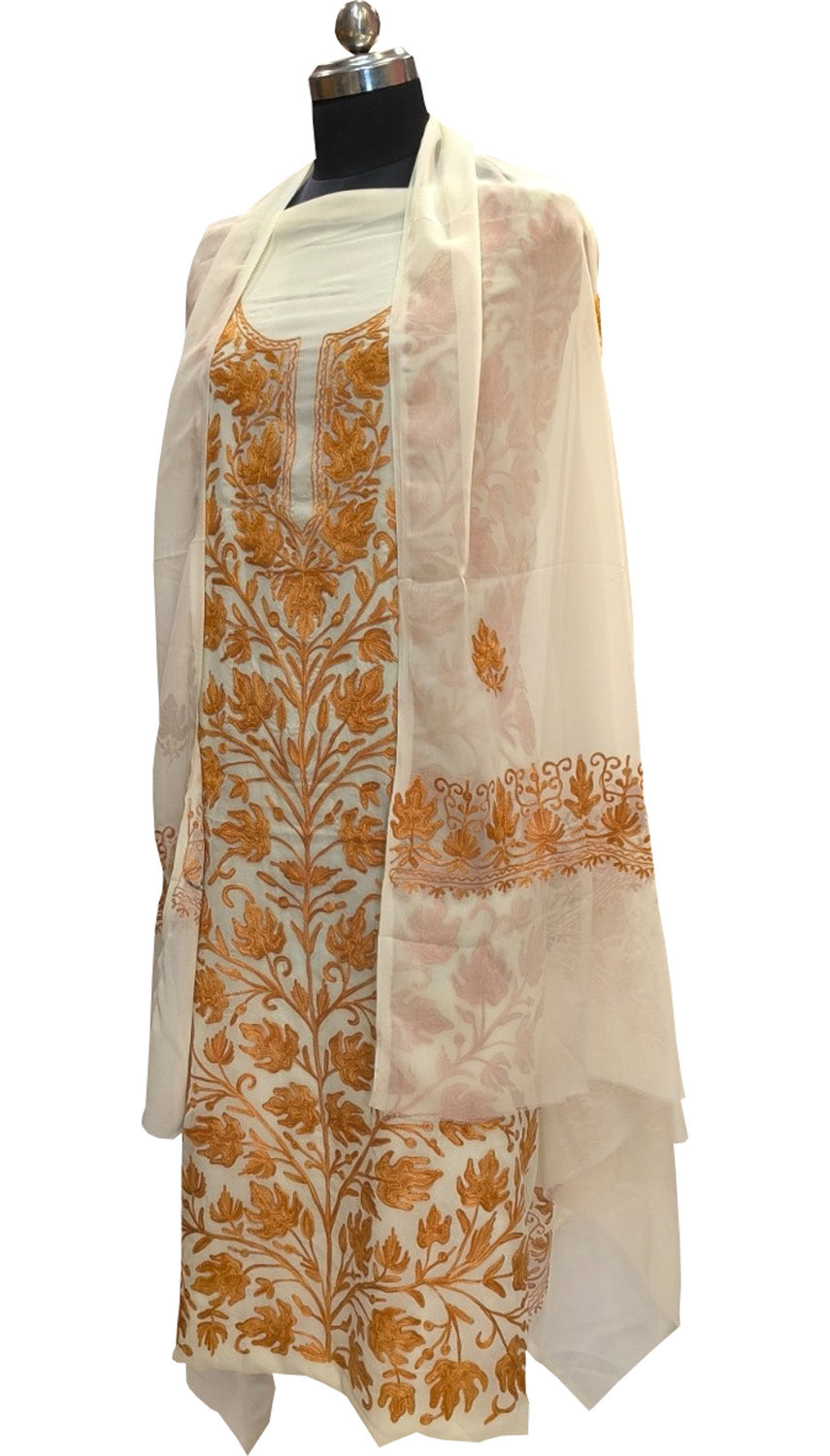 Elegant Off White Kashmiri Aari Work Georgette Three Piece Unstitched Suit Set - Luxurion World