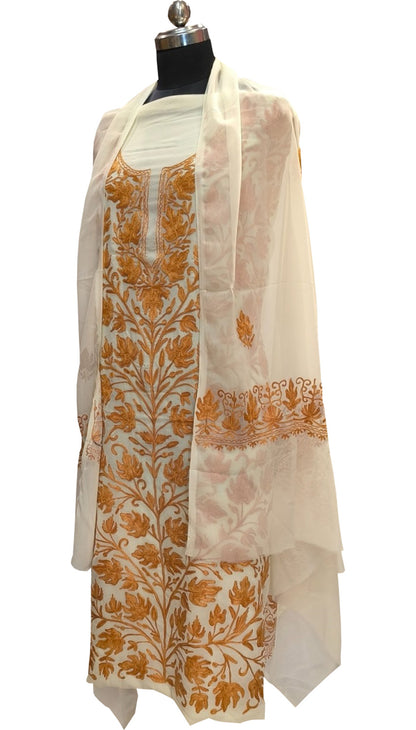Elegant Off White Kashmiri Aari Work Georgette Three Piece Unstitched Suit Set - Luxurion World