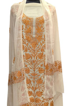 Elegant Off White Kashmiri Aari Work Georgette Three Piece Unstitched Suit Set - Luxurion World