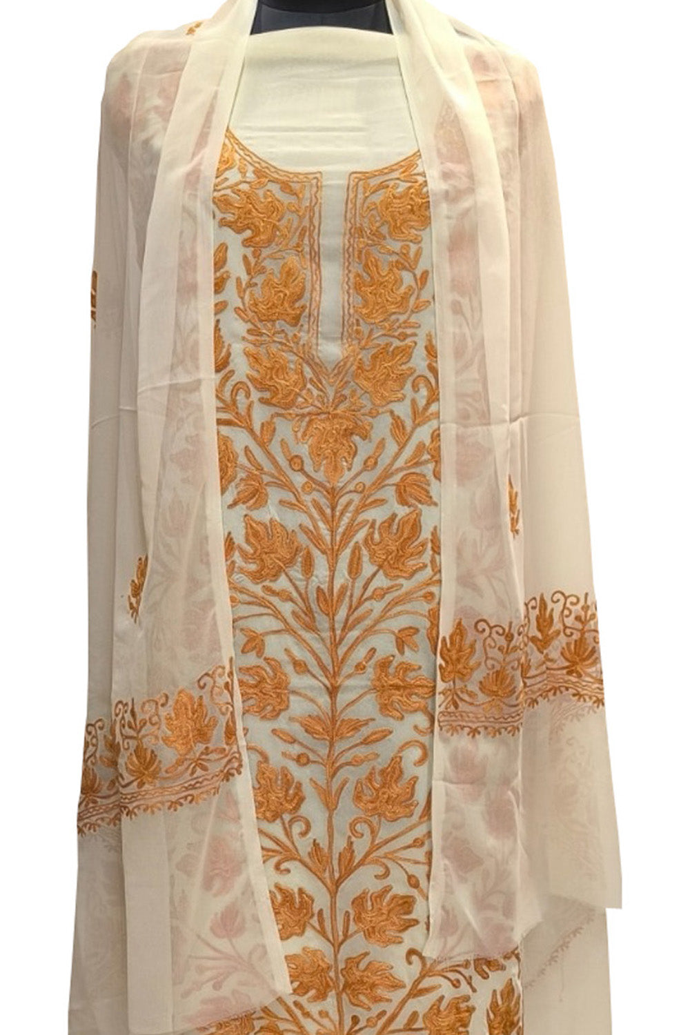 Elegant Off White Kashmiri Aari Work Georgette Three Piece Unstitched Suit Set - Luxurion World