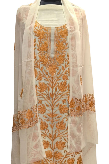 Elegant Off White Kashmiri Aari Work Georgette Three Piece Unstitched Suit Set - Luxurion World