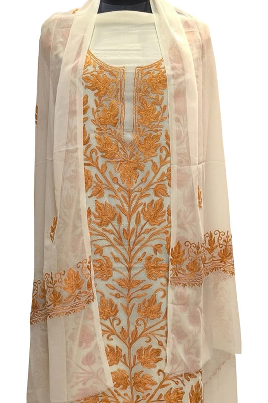 Elegant Off White Kashmiri Aari Work Georgette Three Piece Unstitched Suit Set - Luxurion World