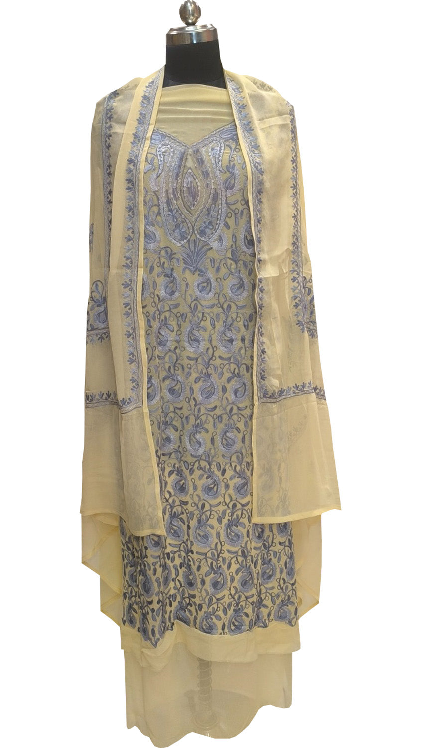 Pastel Kashmiri Aari Work Georgette Three Piece Unstitched Suit Set - Luxurion World