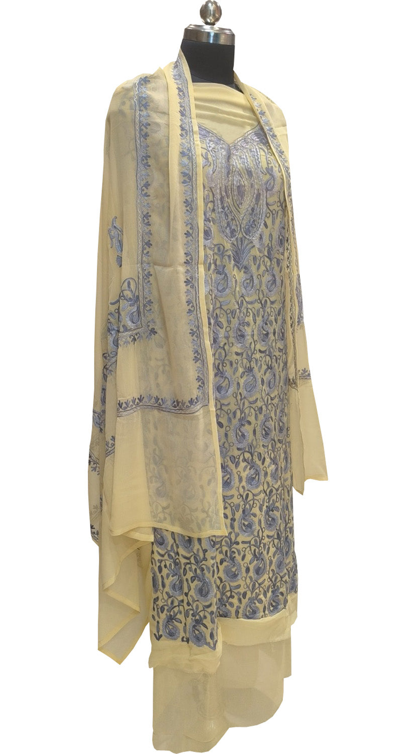 Pastel Kashmiri Aari Work Georgette Three Piece Unstitched Suit Set - Luxurion World