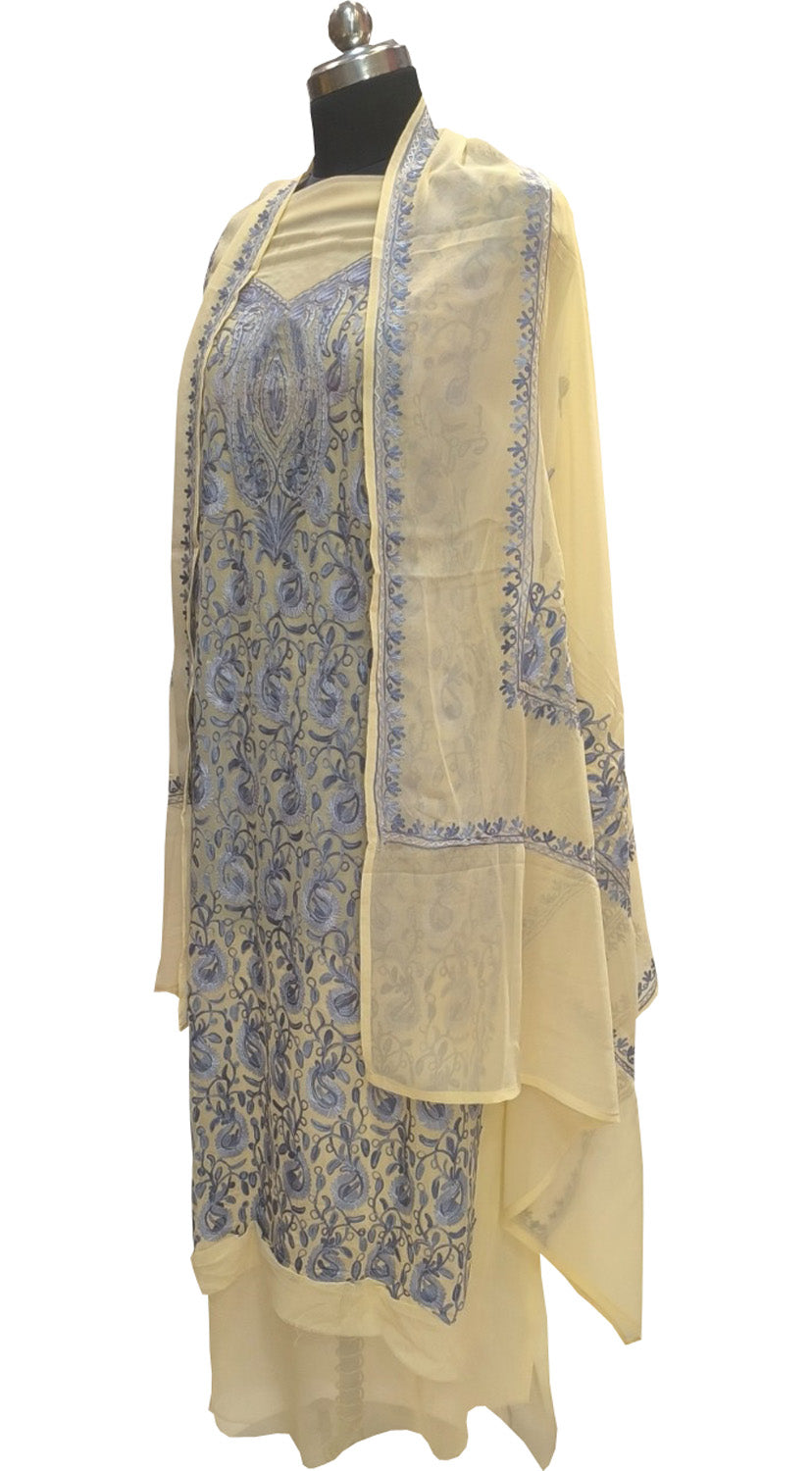 Pastel Kashmiri Aari Work Georgette Three Piece Unstitched Suit Set - Luxurion World